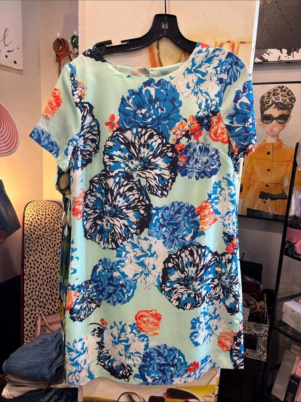 J. Crew Mint Mini Dress with Bold Blue Floral Print